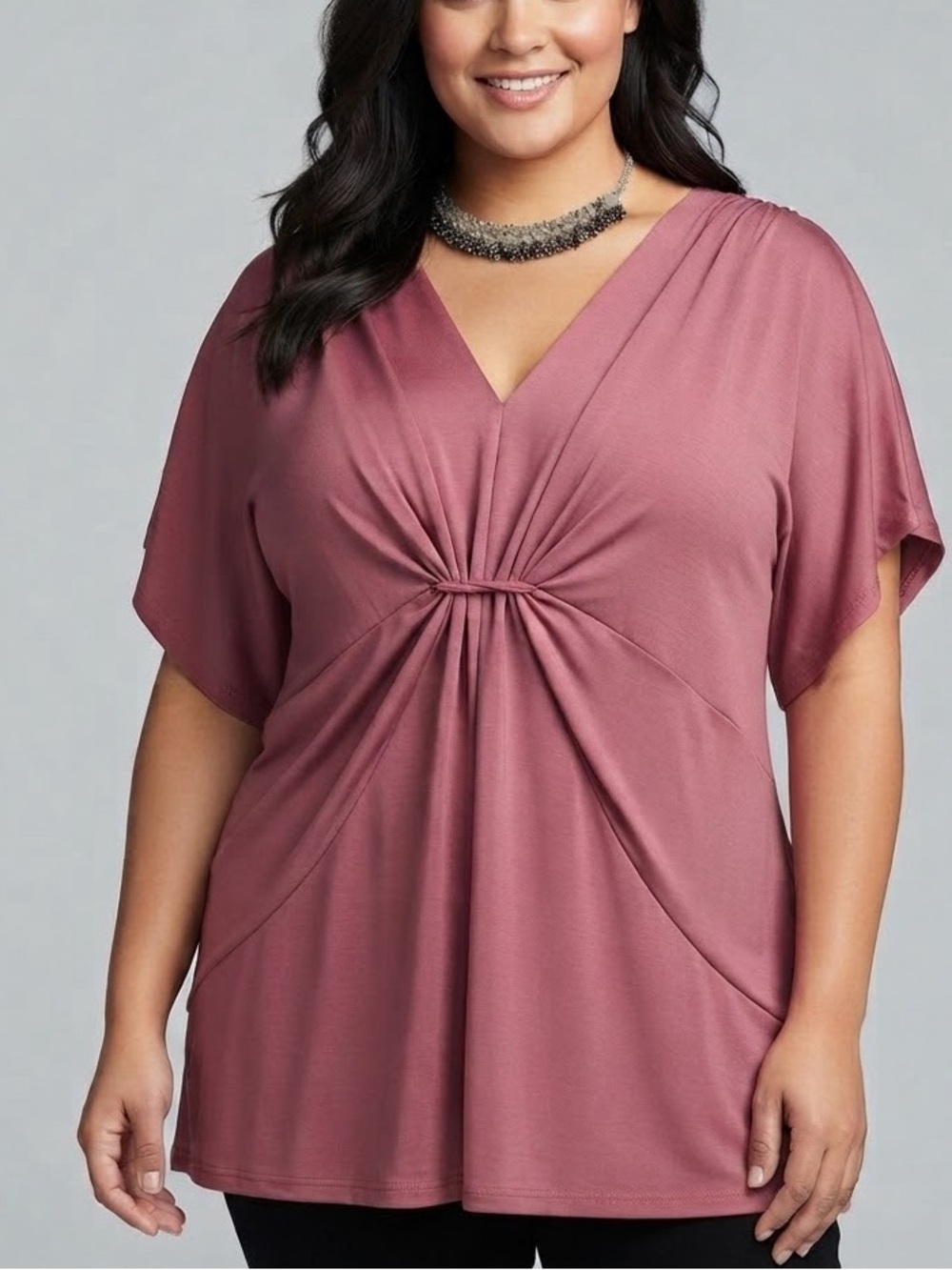 TRADITION Dusty Rose Short Sleeve V Neck Centre Gathered Blouse 2X